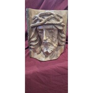 Vintage Hand Carved Wood Jesus Bust Crown of Thorns Weeping Folk Art Log 8" EUC